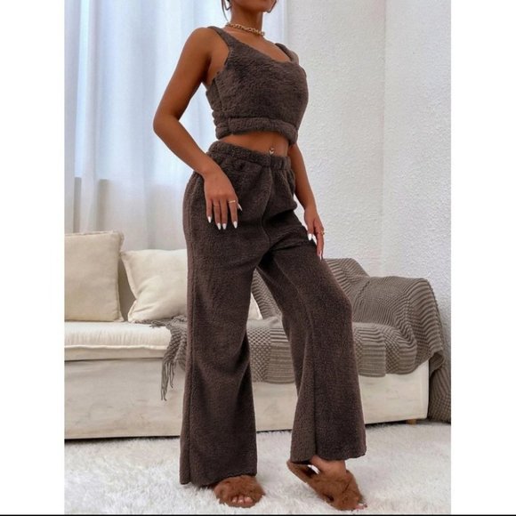 cozy brown teddy flannel cardigan & tank top & pants set fall winter warm casual - Picture 8 of 8